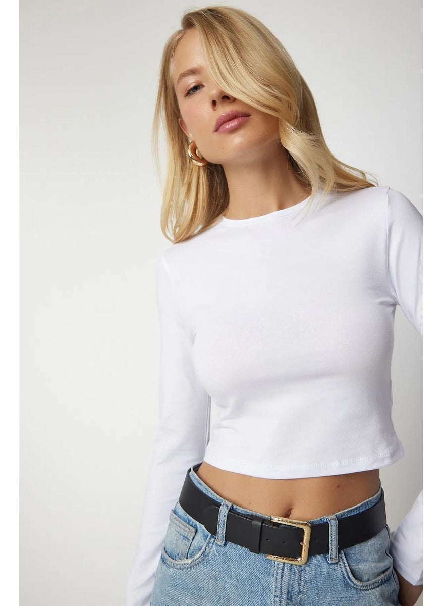 Women's White Long Sleeve Crew Neck Crop Blouse