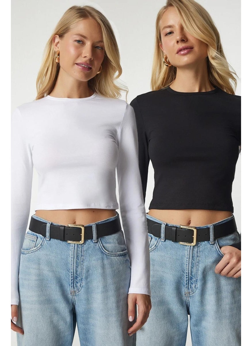 Women's Black Long Sleeve Crew Neck Crop Blouse