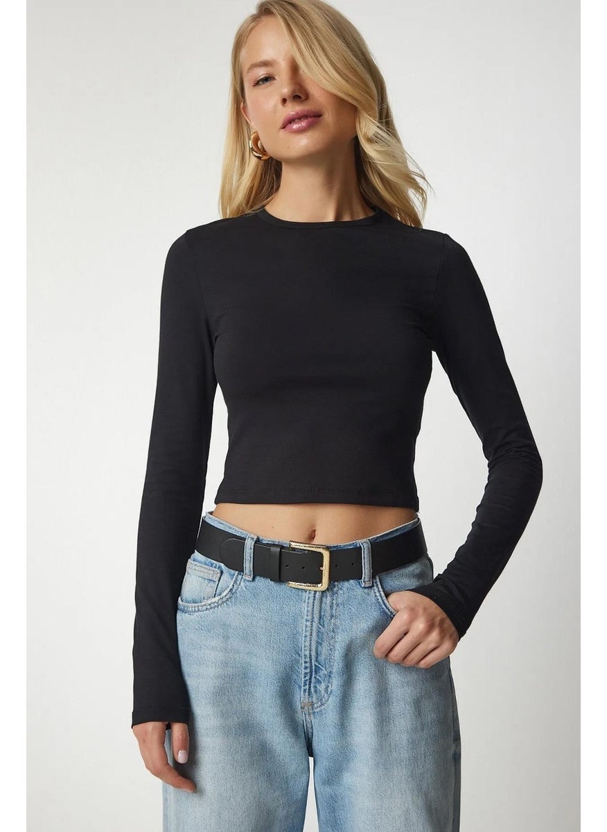 Women's Black Long Sleeve Crew Neck Crop Blouse