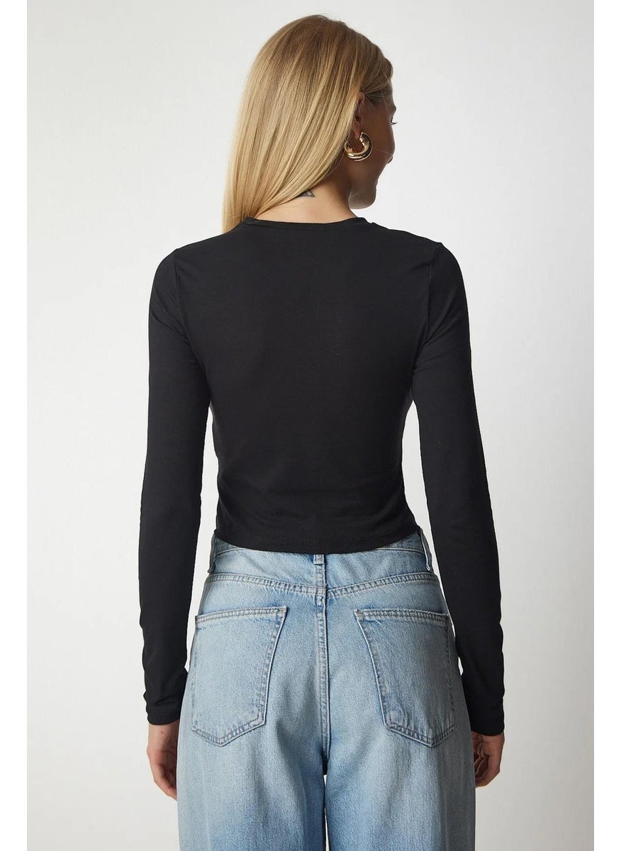 Women's Black Long Sleeve Crew Neck Crop Blouse