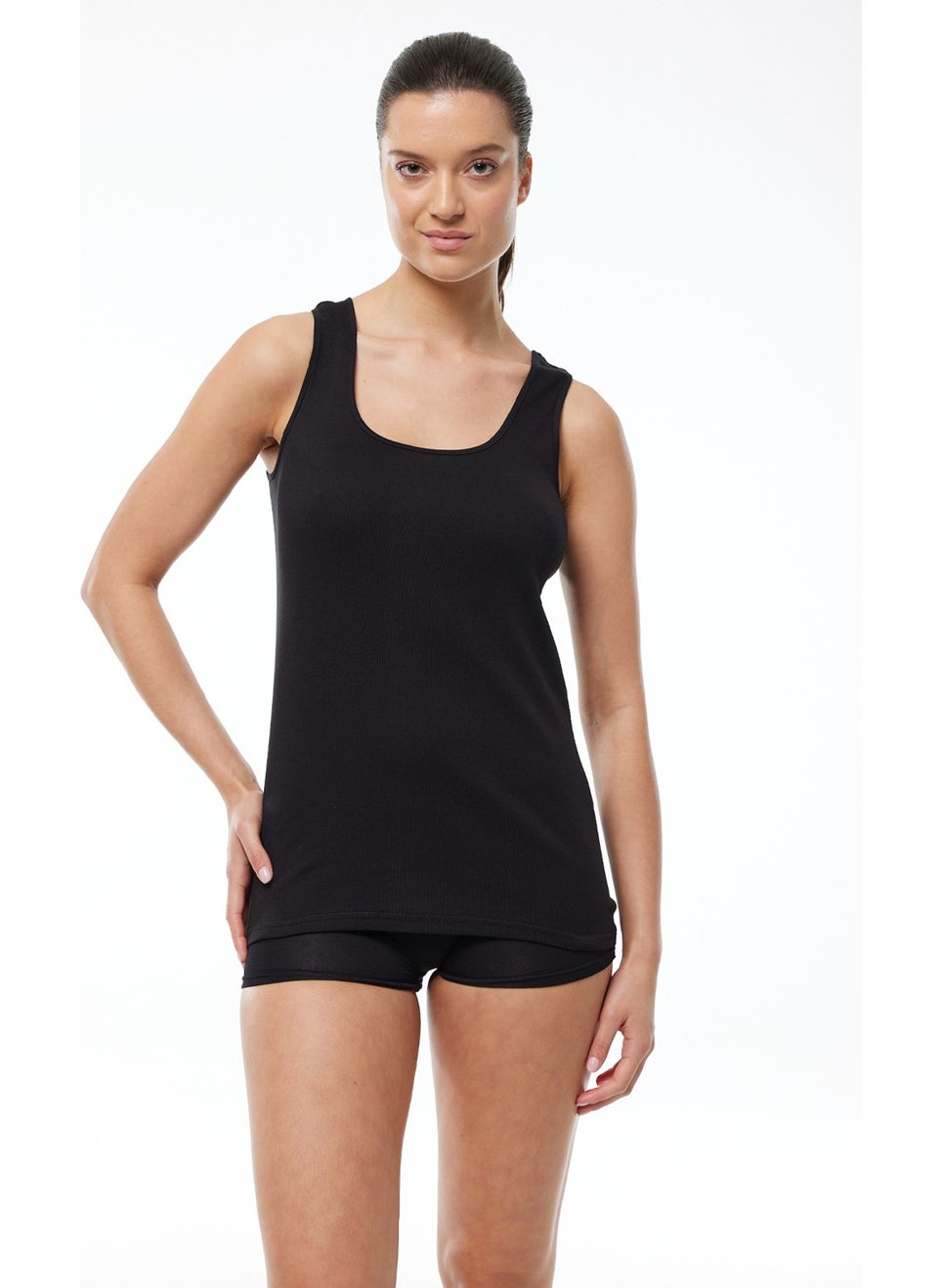 Women's Black 6 Pack 100% Cotton Rib Thick Strap Undershirt 106-E