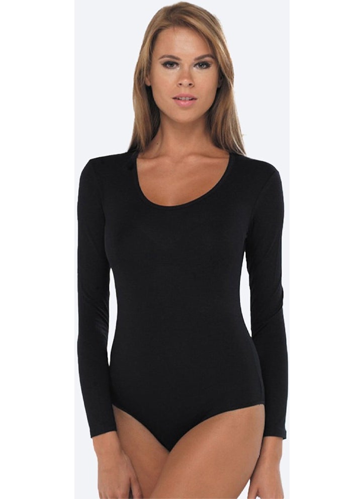 Women's Black Long Sleeve Open Neck Hooked Modal Bodysuit 132