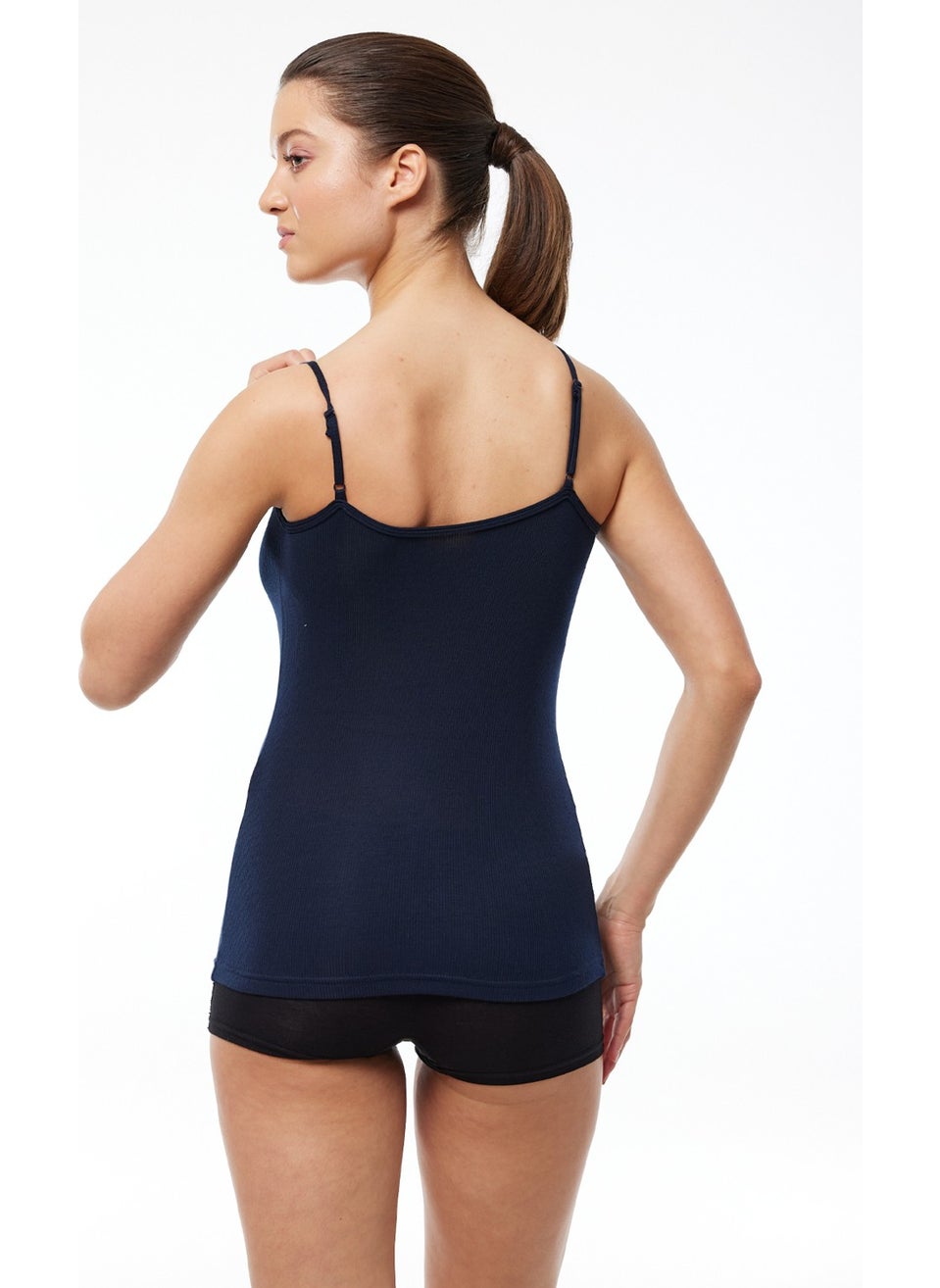 Women's Navy Blue Adjustable Rope Strap Ribbed Micro Modal Undershirt 1020