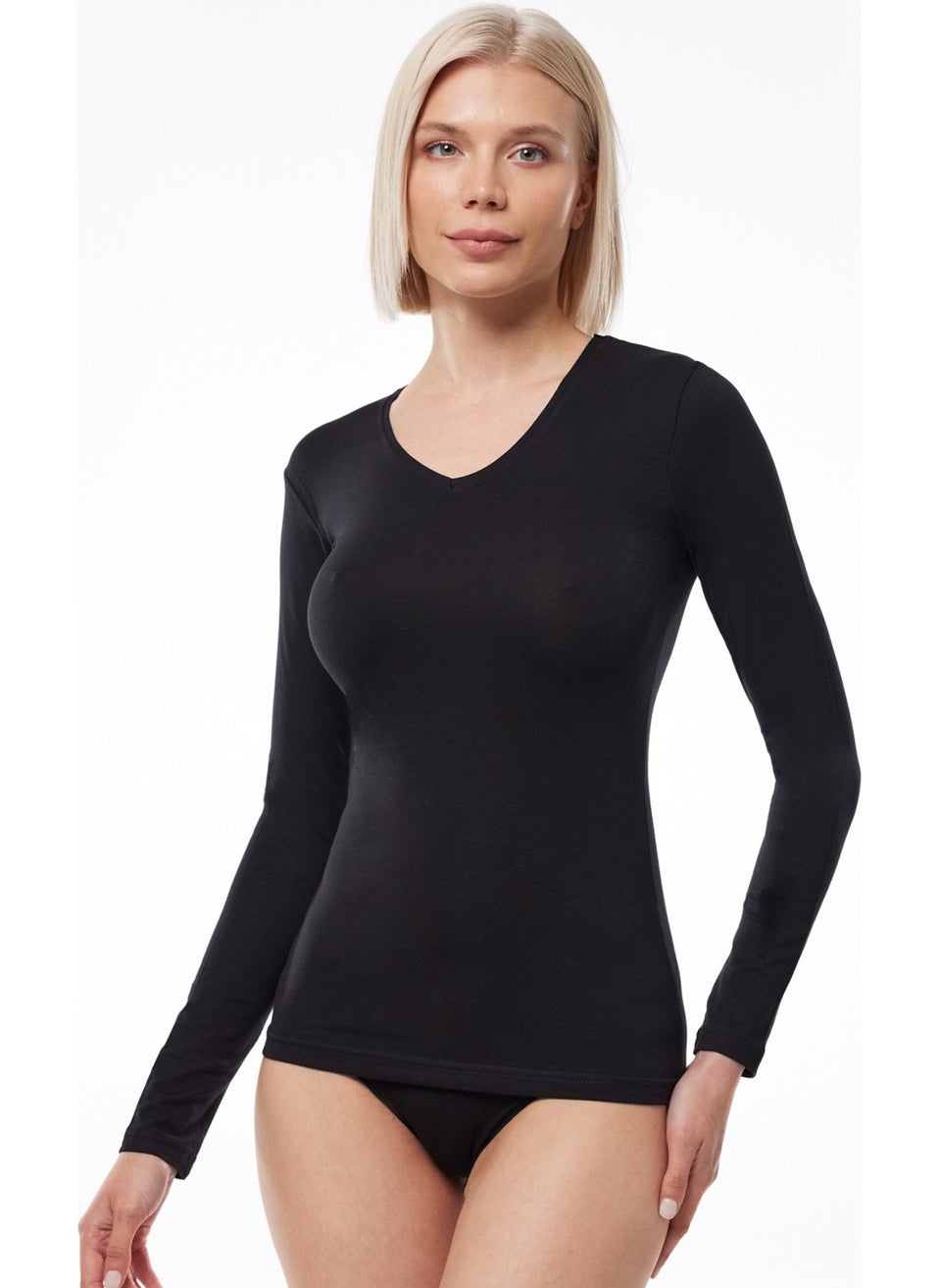 Women's Black V Neck Long Sleeve Modal Bodysuit 181