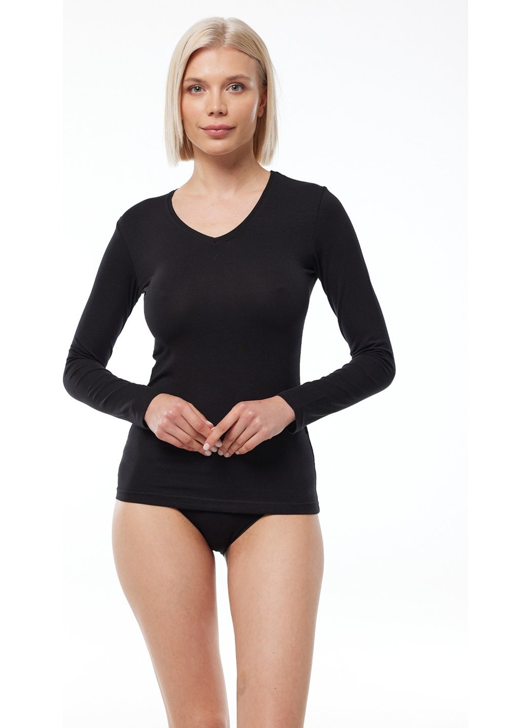 Women's Black V Neck Long Sleeve Modal Bodysuit 181