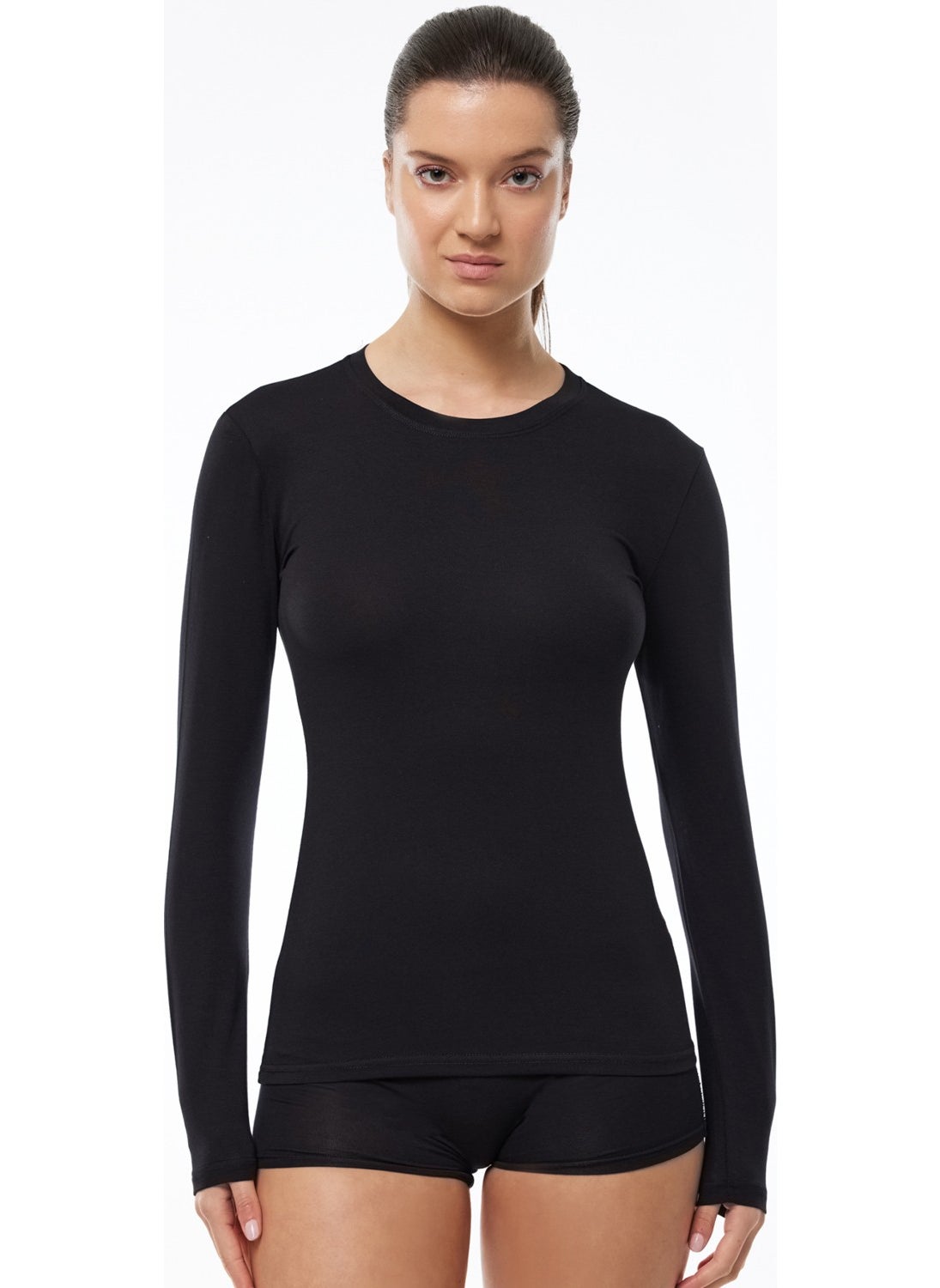 Women's Black Round Neck Long Sleeve Modal Bodysuit 182