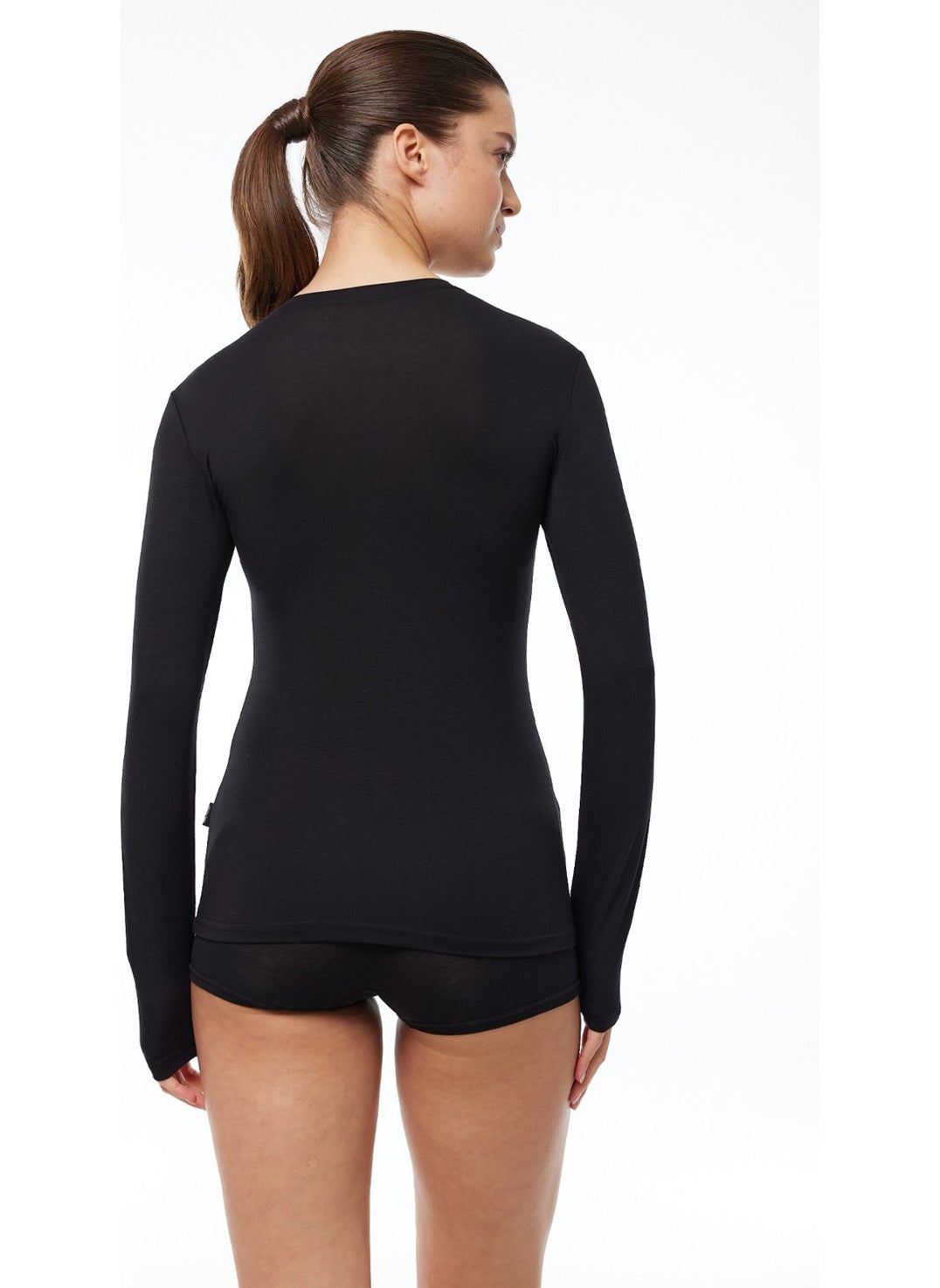 Women's Black Round Neck Long Sleeve Modal Bodysuit 182