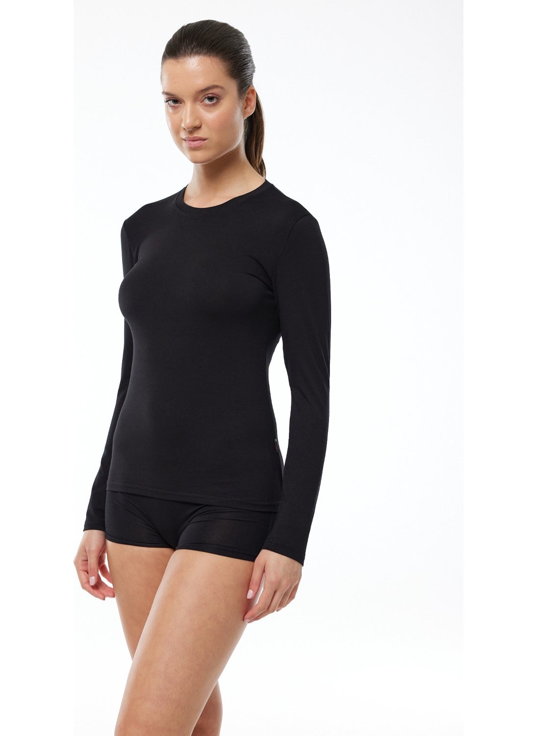Women's Black Round Neck Long Sleeve Modal Bodysuit 182