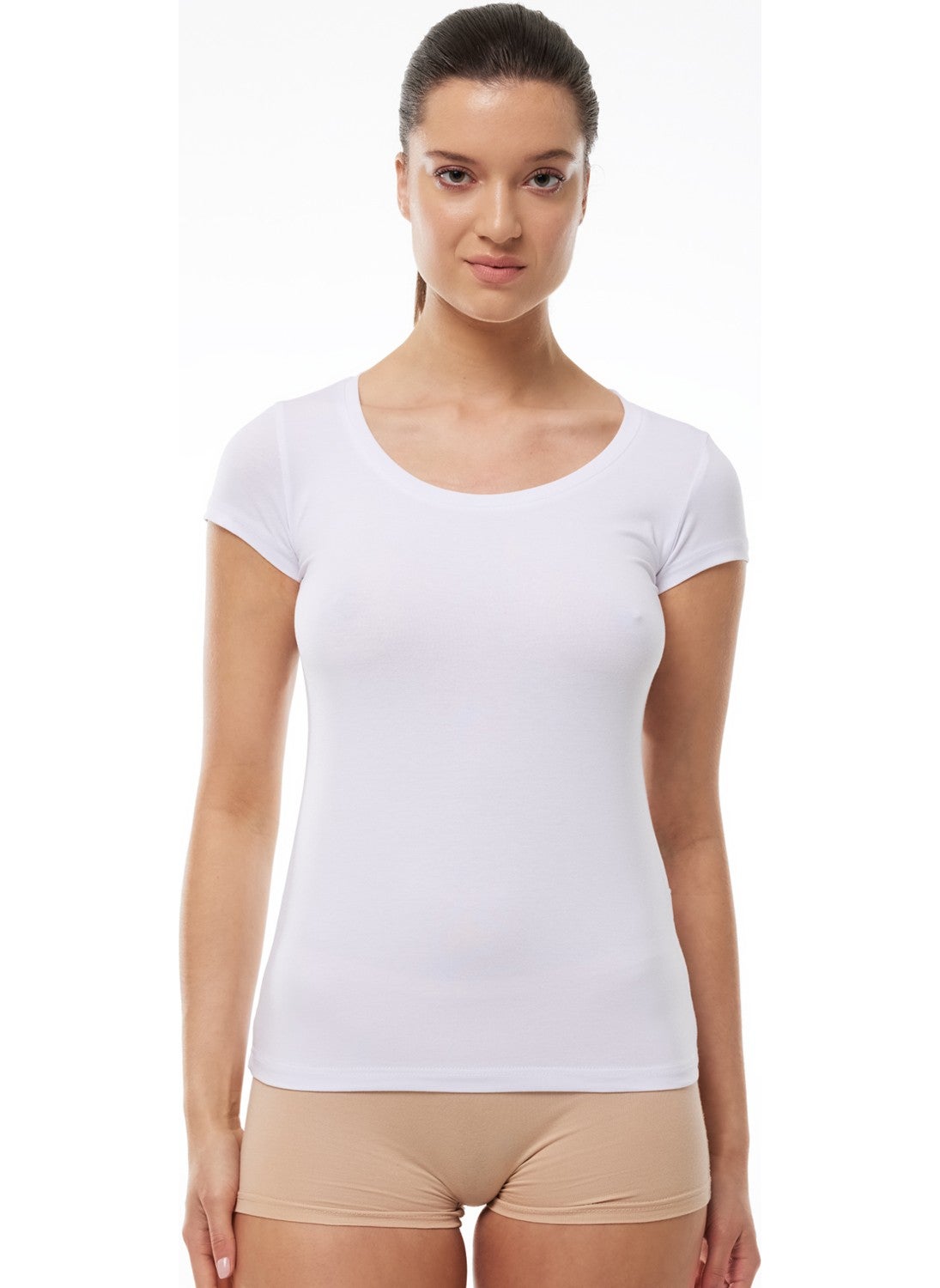 Women's White Open Round Neck Short Sleeve Modal Bodysuit 1035