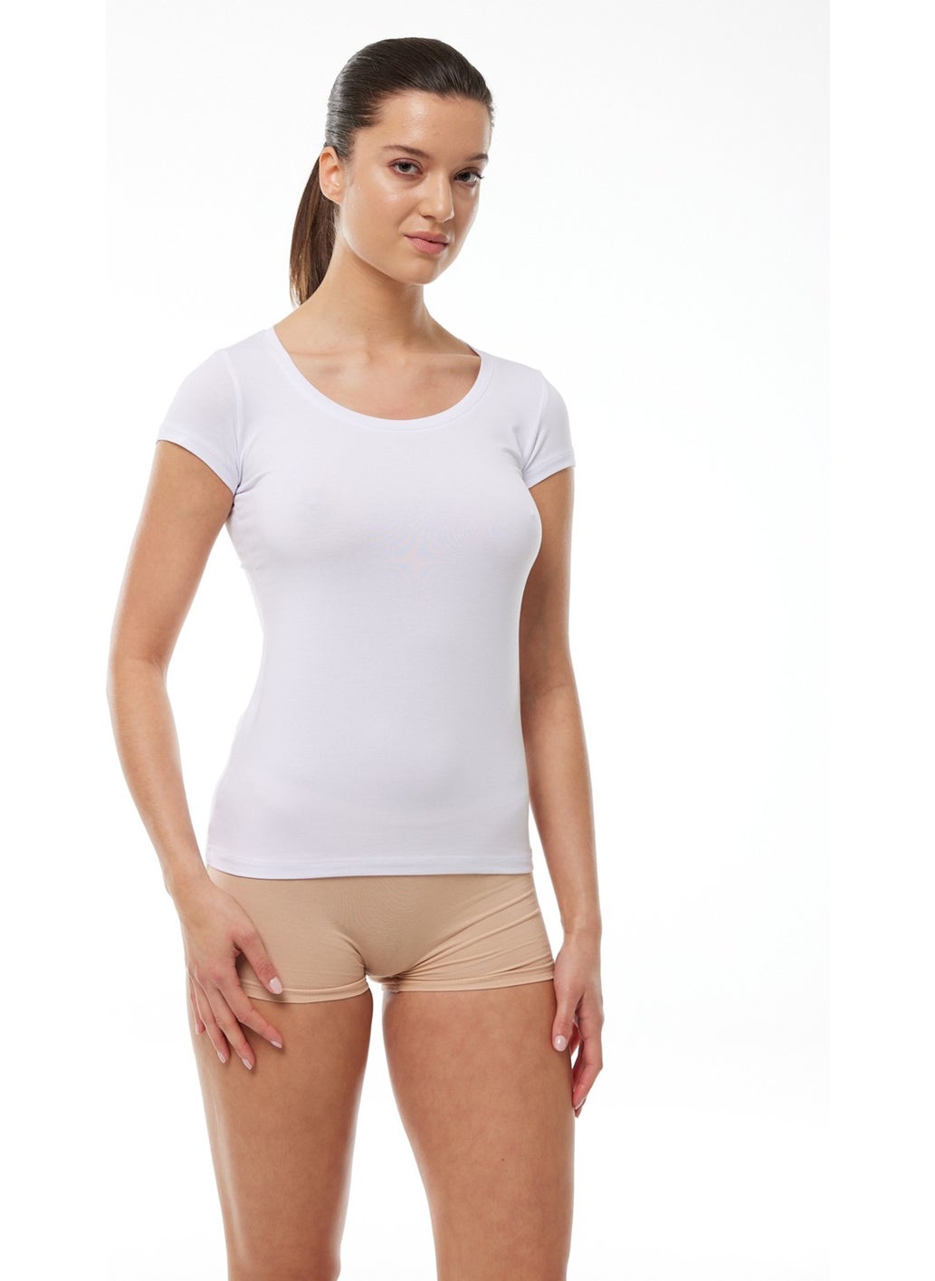 Women's White Open Round Neck Short Sleeve Modal Bodysuit 1035