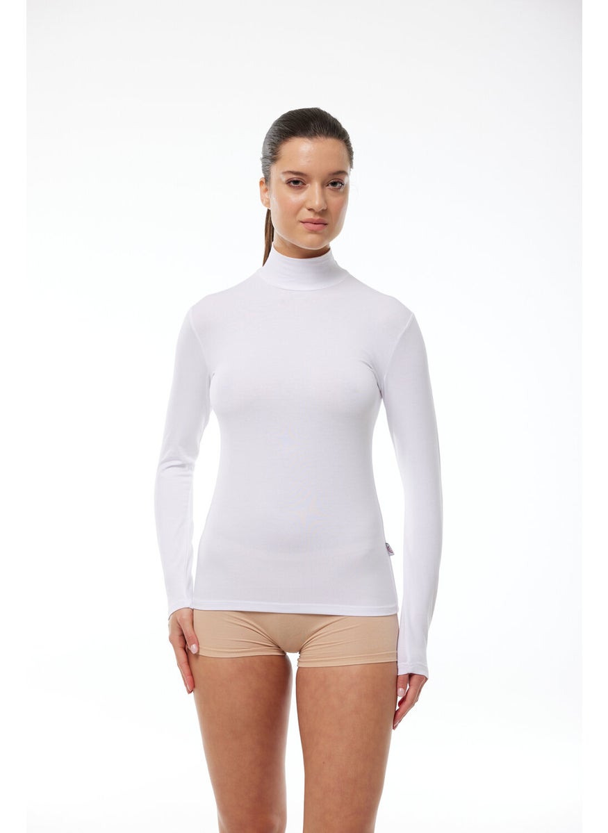Women's White Long Sleeve Half Turtleneck Modal Bodysuit 180