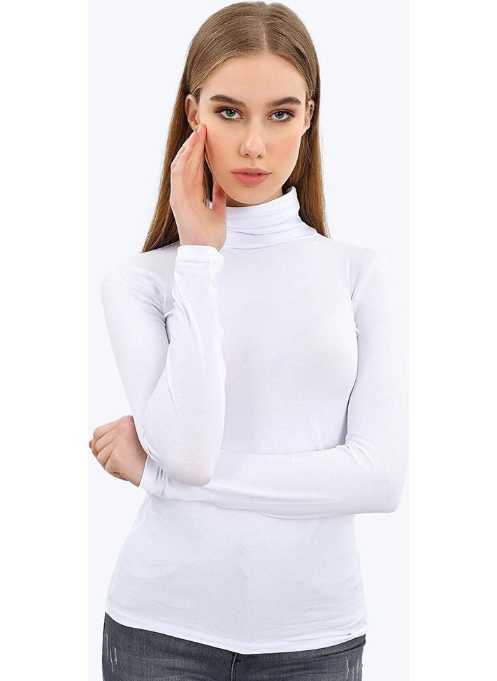 Women's White Long Sleeve Full Turtleneck Modal Bodysuit 194