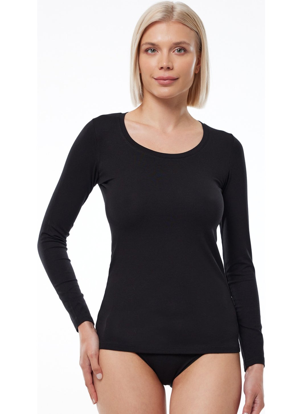 Women's Black Open Round Neck Long Sleeve Modal Bodysuit 1038