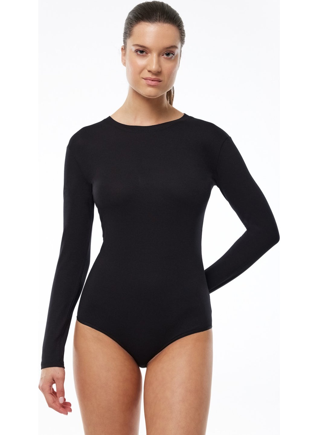 Women's Black Round Neck Long Sleeve Hooked Modal Bodysuit 137