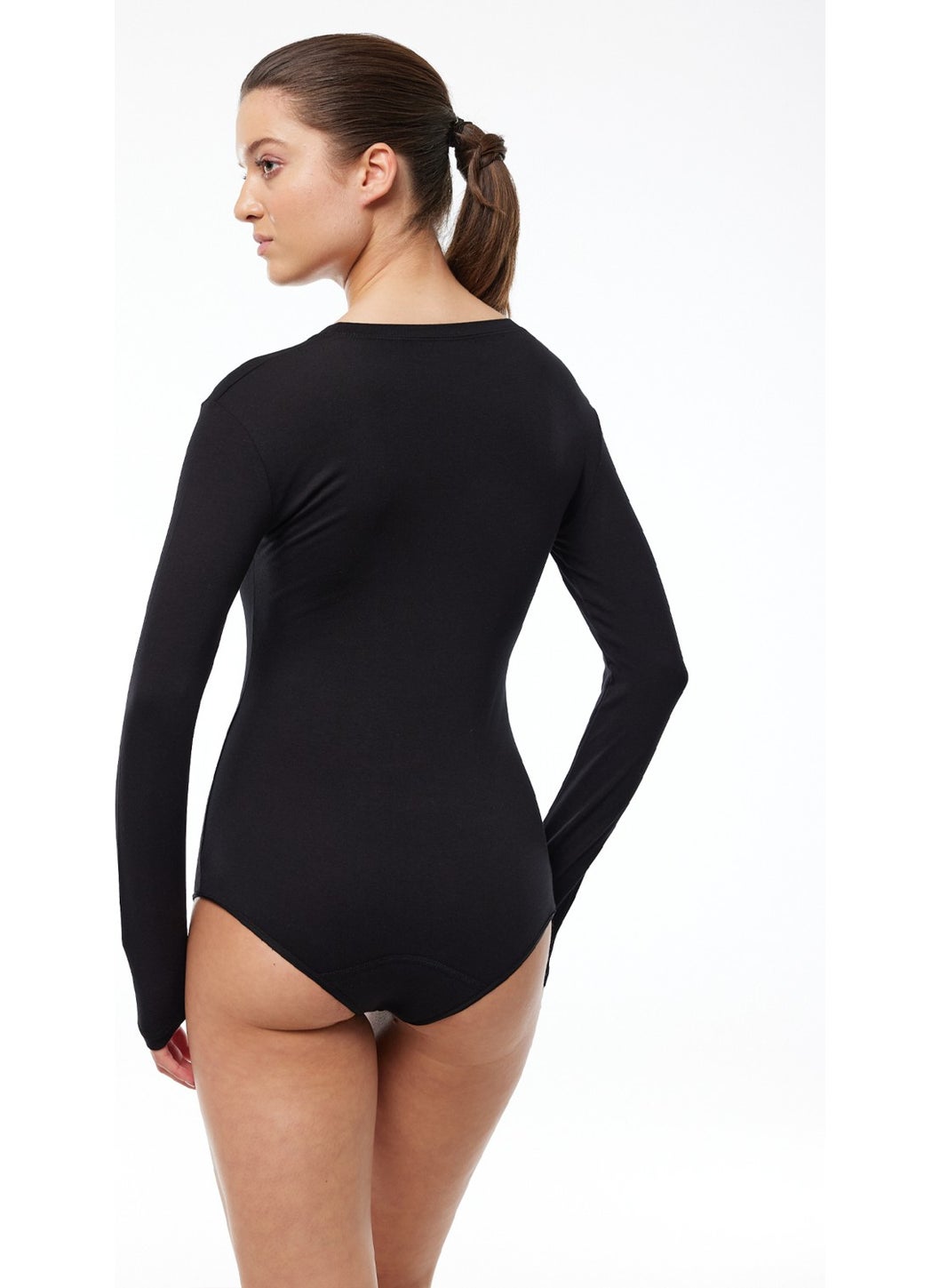Women's Black Round Neck Long Sleeve Hooked Modal Bodysuit 137