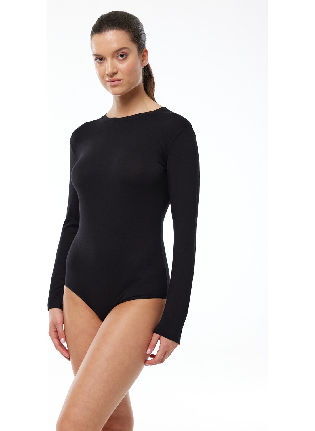Women's Black Round Neck Long Sleeve Hooked Modal Bodysuit 137