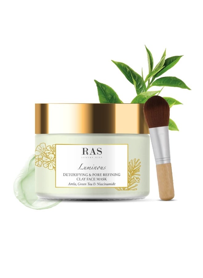 Luxury Oils Luminous Detoxifying & Pore Refining Clay Face Mask For Glowing Skin, Tan Removal, Oil & Acne Control, Kaolin Clay, Green Tea, Neem & Amla Extract 50g