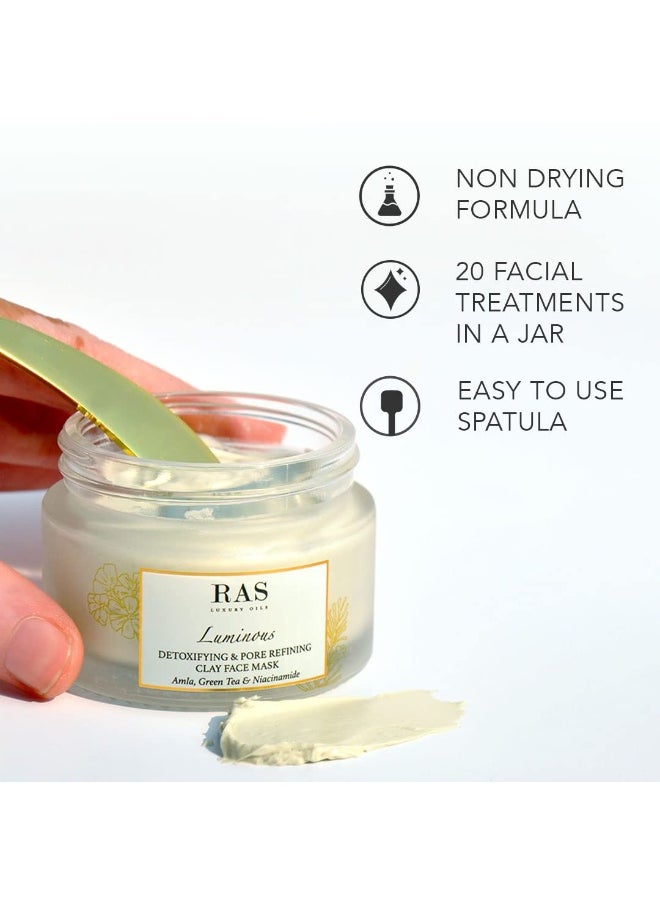 Luxury Oils Luminous Detoxifying & Pore Refining Clay Face Mask For Glowing Skin, Tan Removal, Oil & Acne Control, Kaolin Clay, Green Tea, Neem & Amla Extract 50g