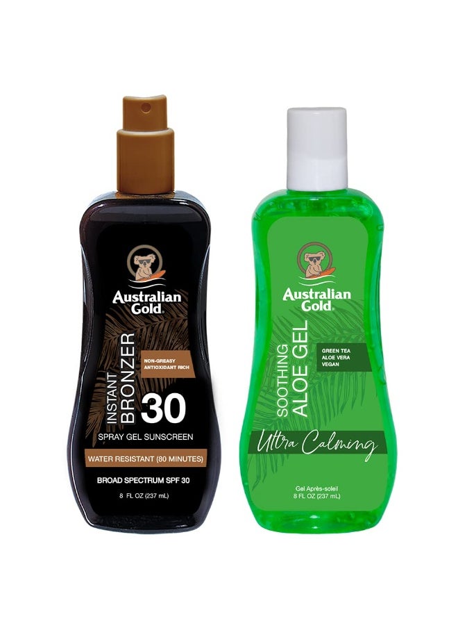 Australian Gold Sunscreen Gel Spray with Bronzer + Soothing After Sun Aloe Vera Gel, Hydrating Sunburn Relief & Broad Spectrum UVA/UVB SPF 15 Sunscreen Spray, Water Resistant, Vegan Skin Care Set