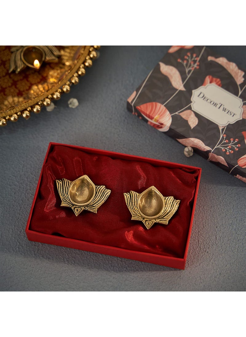 DecorTwist Brass Diya for Puja Lotus Diya with Gift Box in Gold Antique Finished Aarti Diya Deepak Deepam Oil Lamp for Pooja Room Home Temple Diwali Decoration Puja Articles Brass Decor Gift Items