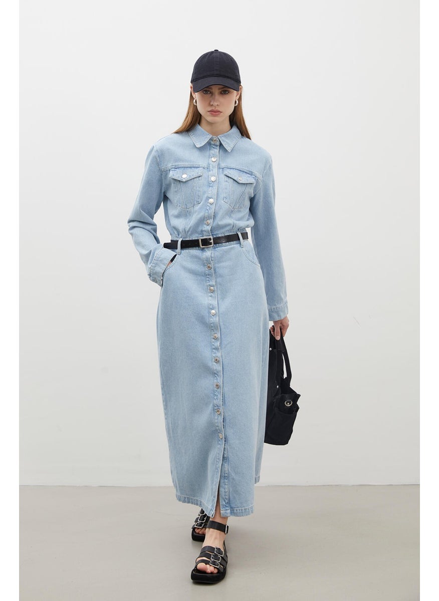 1975 Belted Denim Dress Ice Blue