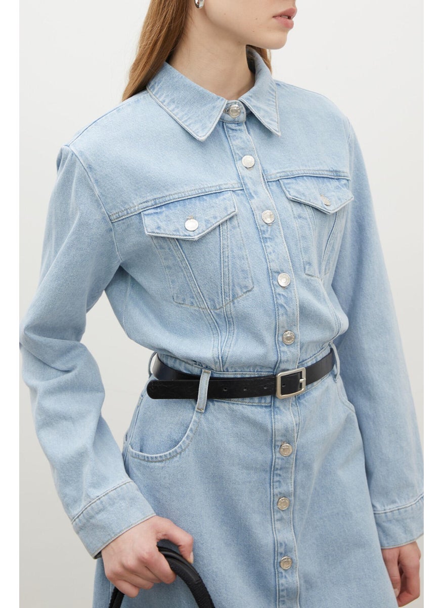 1975 Belted Denim Dress Ice Blue
