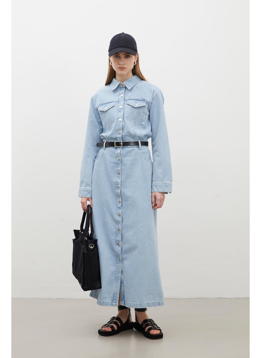 1975 Belted Denim Dress Ice Blue