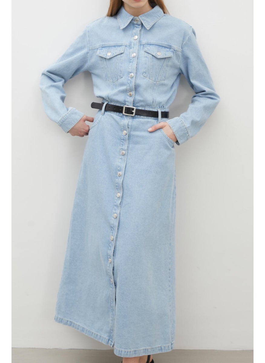 1975 Belted Denim Dress Ice Blue
