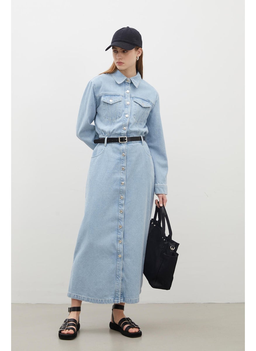 1975 Belted Denim Dress Ice Blue