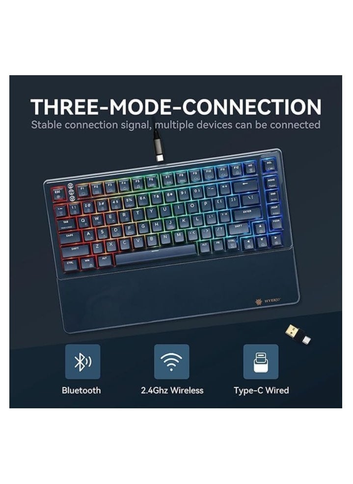 Three-Mode Mechanical Keyboard, RGB Backlit Gaming Keyboard, Hot Swappable Red Switches, 83-Key TKL Compact Keyboard with Wrist Rest (Navy Blue)