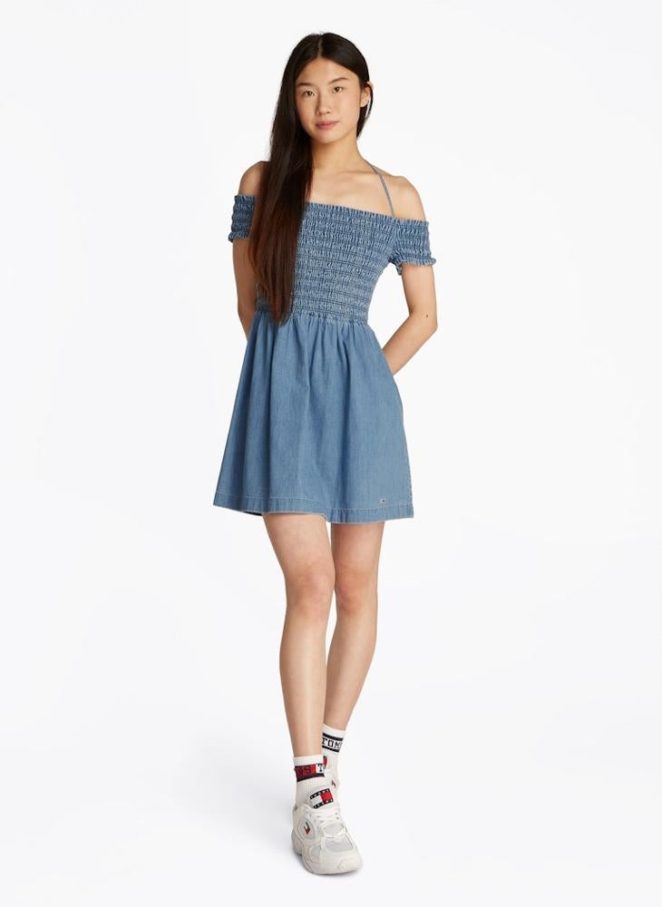 Smocked Denim Mini Dress