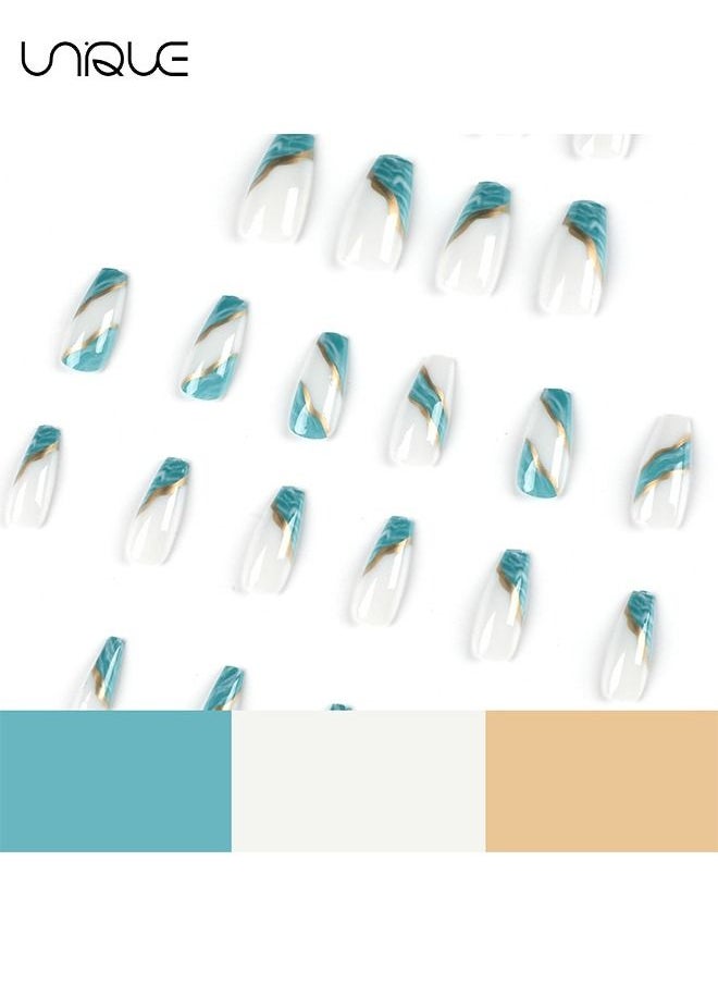 24Pcs False Nails,Press on Nails, French Tips Square Shape Glue on Nails,Glitter Green Fake Nails Ladies Long Nails Green smudged gold thread false nail patch