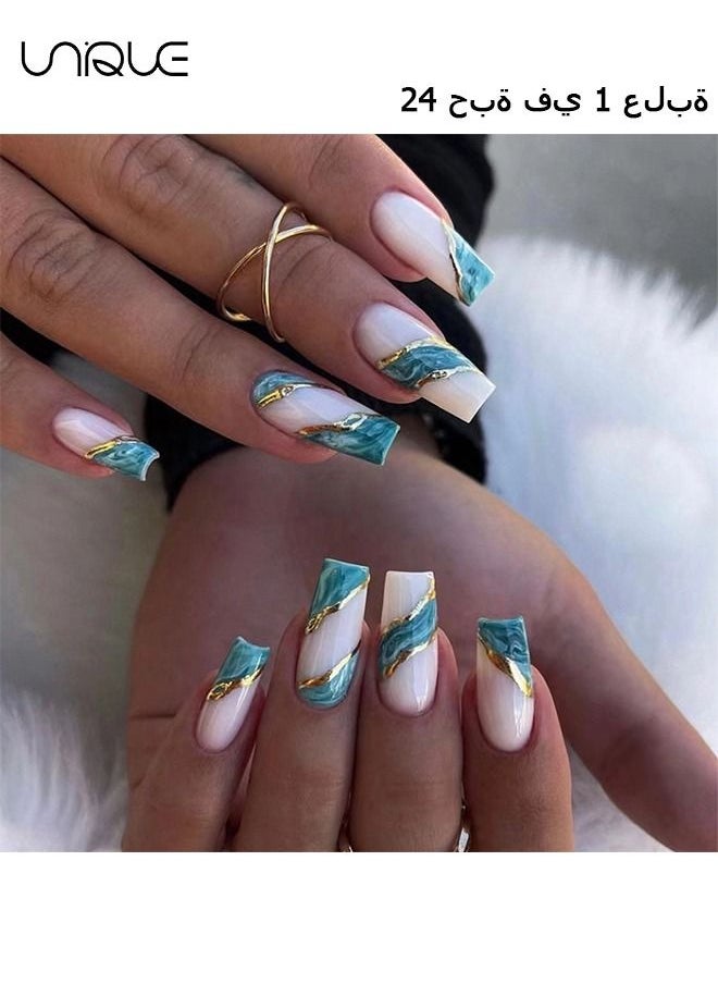 24Pcs False Nails,Press on Nails, French Tips Square Shape Glue on Nails,Glitter Green Fake Nails Ladies Long Nails Green smudged gold thread false nail patch