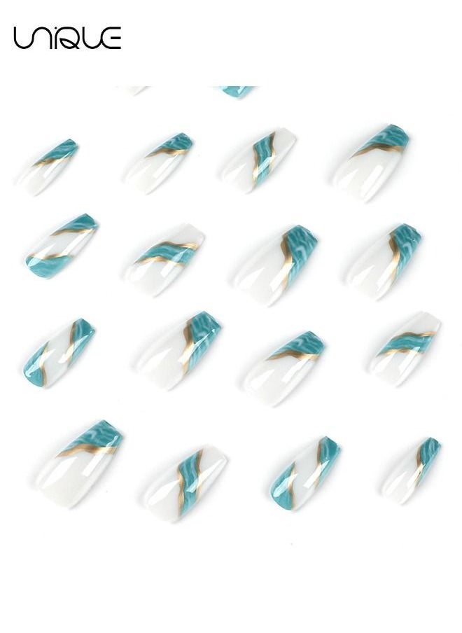 24Pcs False Nails,Press on Nails, French Tips Square Shape Glue on Nails,Glitter Green Fake Nails Ladies Long Nails Green smudged gold thread false nail patch