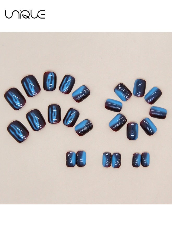 24 Pcs Fake Nails, Press Nails, French Fake Nails - Galaxy Blue Glitter Manicure - Fake Nail Patch