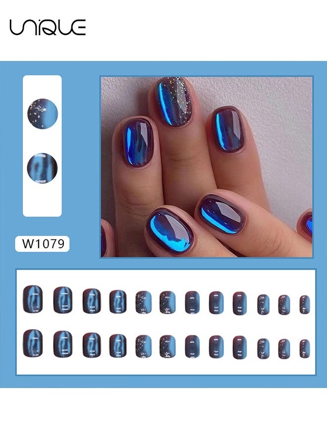 24 Pcs Fake Nails, Press Nails, French Fake Nails - Galaxy Blue Glitter Manicure - Fake Nail Patch