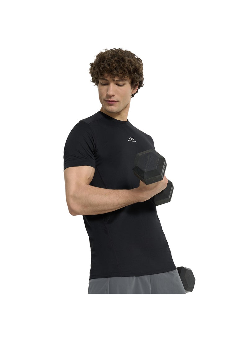 Athlex Men’s FLEX PRO Training T-Shirt Black EU 46 – Compression Fit, ATCOMPRESSION Tech, Anti-Odor, Quick-Dry Fabric & Mesh Ventilation Panels