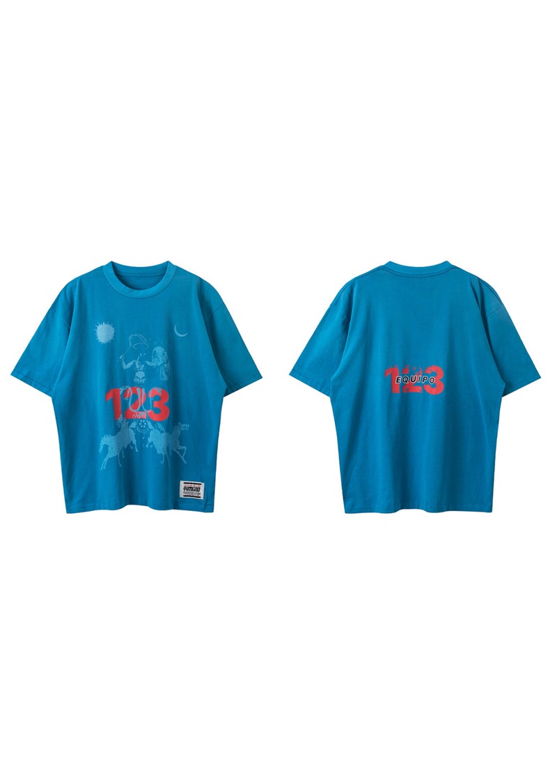 RRR123 American Street Graffiti Letter Print Mens Loose Cotton Tee Blue