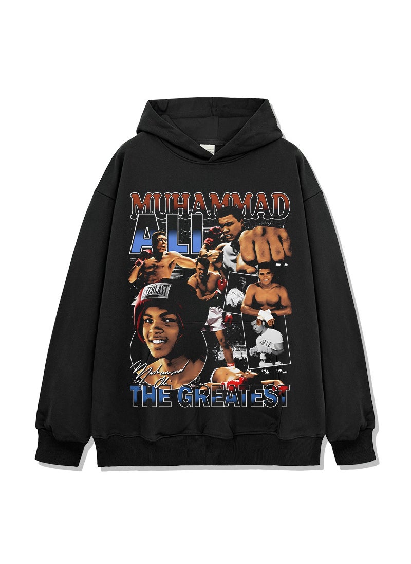 Muhammad Ali Heavyweight Long Sleeve Round Neck Hooded Sweatshirt American Style Printing Short Sleeves T-Shirt For Men Black hooded sweatshirt