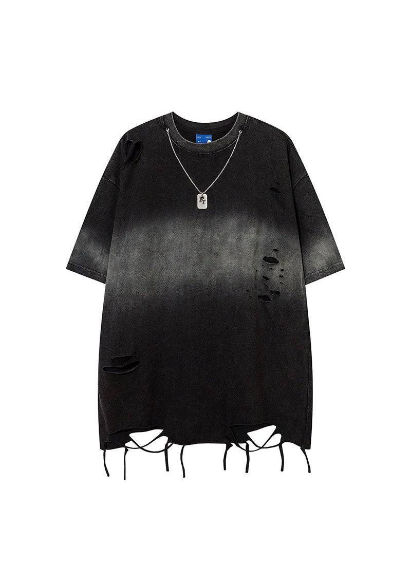 Washed Vintage High Street T-Shirt Loose Fit Short Sleeve Hole Design Unisex Summer Versatile Trendy Base Layer Top Black