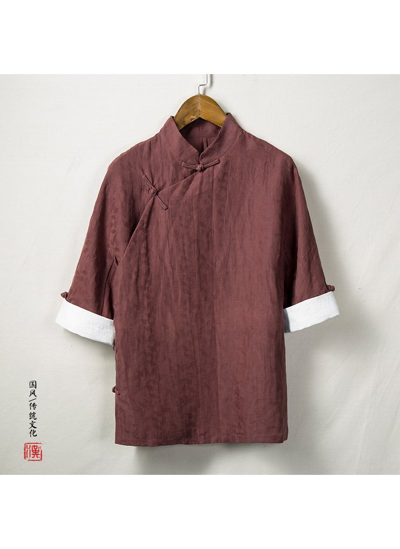 Spring Summer New Chinese Style Mens Wear Linen Tang Suit T-Shirt Casual Scene Other Material Leisure Style Spring Season Wine red