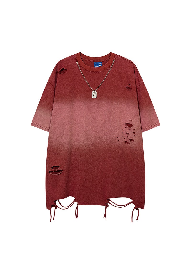 Washed Vintage High Street T-Shirt Loose Fit Short Sleeve Hole Design Unisex Summer Versatile Trendy Base Layer Top Red