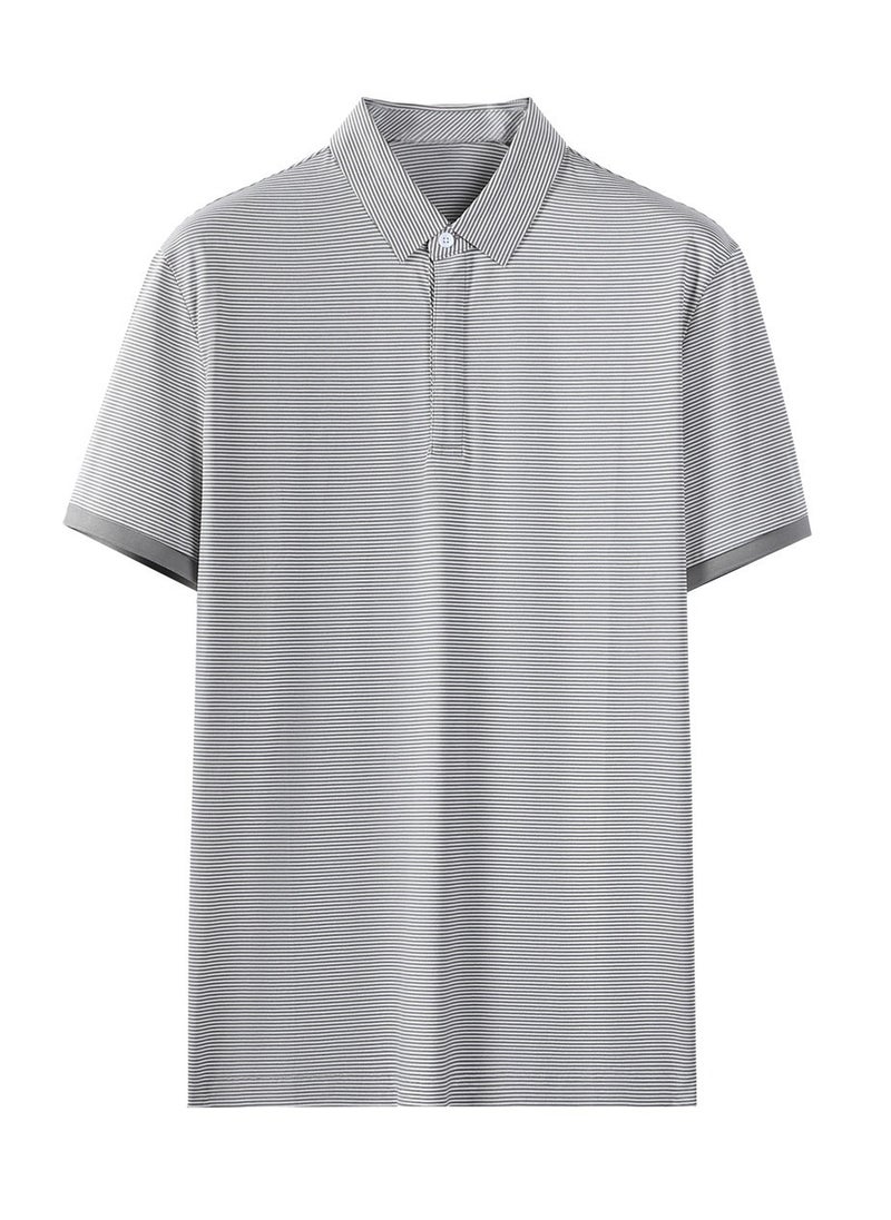 Luxurious Summer Business Casual Polo Shirt Classic Stripes Mens Collared Short Sleeve T-Shirt Breathable Sweat Absorbent Silk Cotton Grey