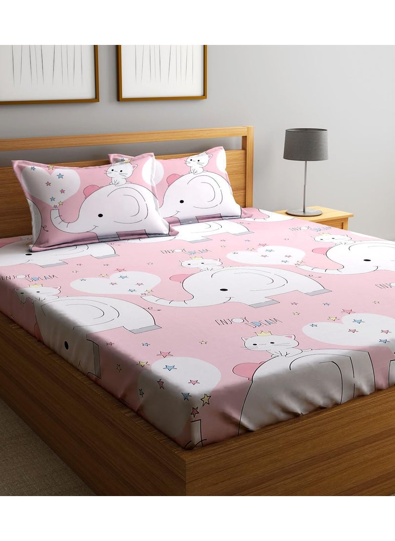 Home Sizzler 144TC Kids Elephant Kitty Double Bedsheet with 2 King Size Pillow Covers