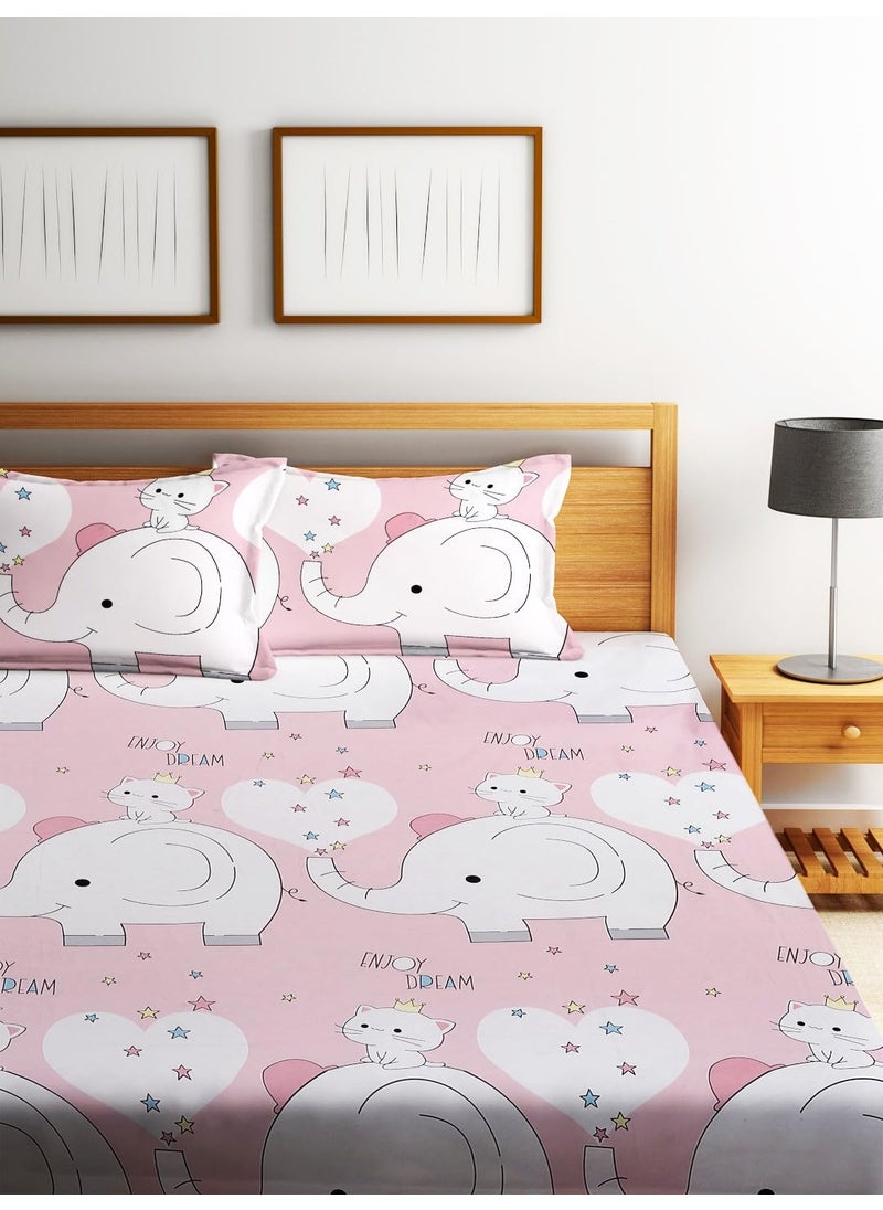 Home Sizzler 144TC Kids Elephant Kitty Double Bedsheet with 2 King Size Pillow Covers