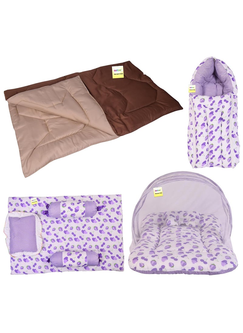 Kwitchy New Born Bedding Combo of Baby Mattress with Net Sleeping Bag Gaddi Set Comforter 06 Months Purple 4PCS Set