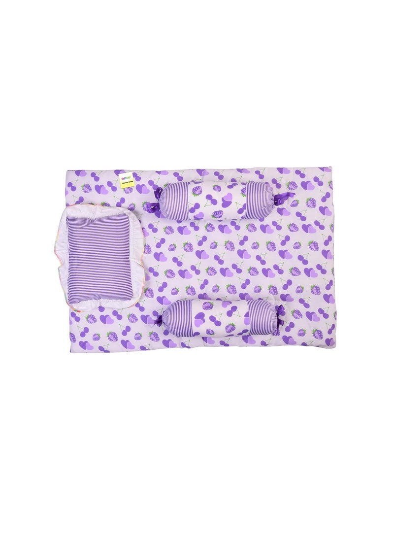 Kwitchy New Born Bedding Combo of Baby Mattress with Net Sleeping Bag Gaddi Set Comforter 06 Months Purple 4PCS Set