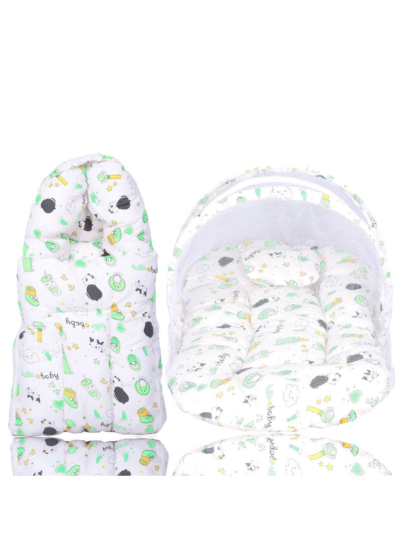 Kids Charm Panda 2 PCS Combo Set 3 in 1 Babys Cotton Cum Carry Bed2 in 1 Babys Cotton Bed with Mosquito Net for 48 Months Green
