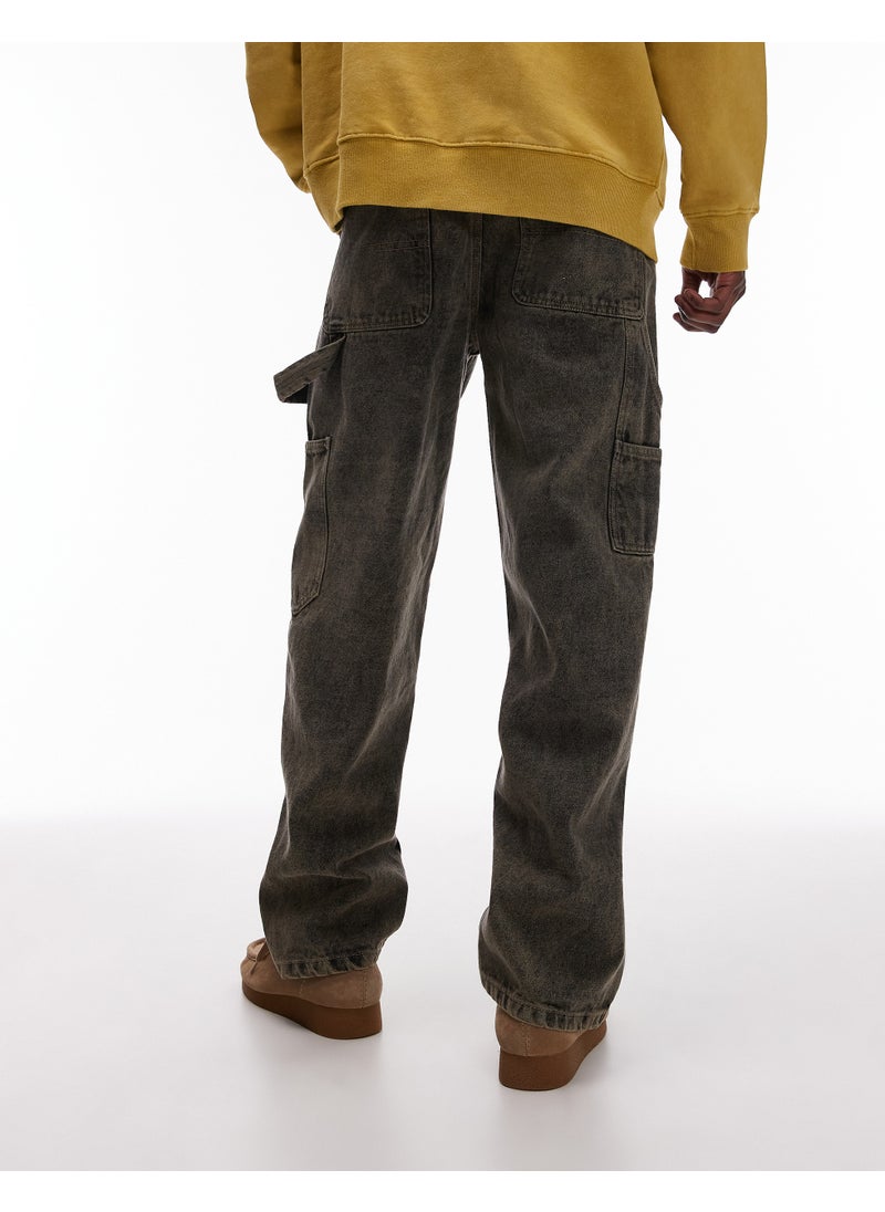 Topman straight acid wash trousers in khaki - KHAK