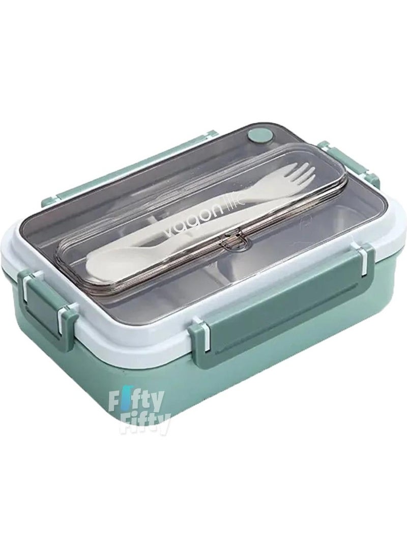 Bento Lunch Box New Generation Lunch Box for Office-School Single Layer 3 Compartments with Fork and Spoon -Stainless Steel FF528